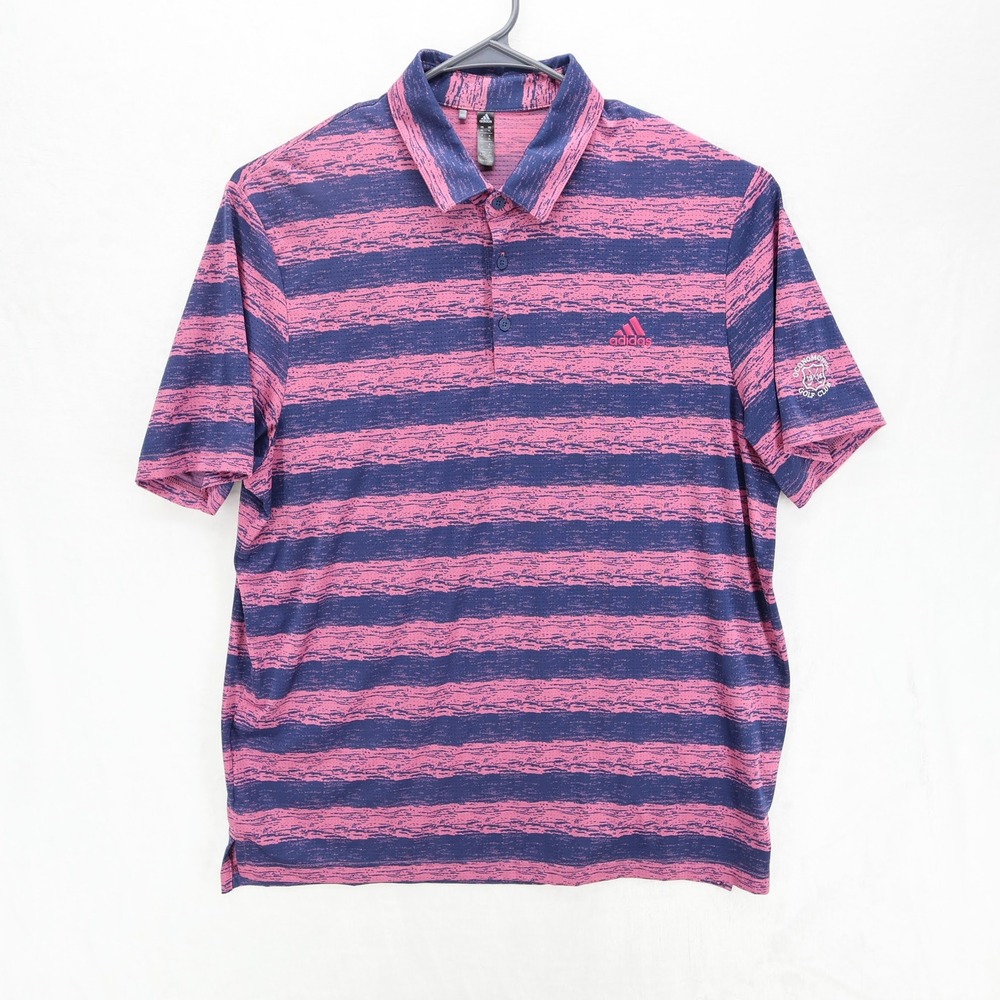Adidas Mens XL Golf Polo Shirt Purple Pink Striped Golf Club Logo GL4433
